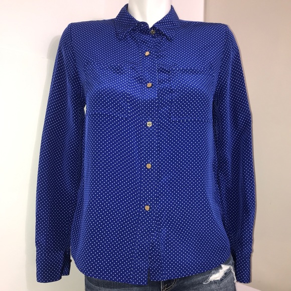 Juicy Couture Royal Blue Polka Dot Silk Button Up - Picture 2 of 13